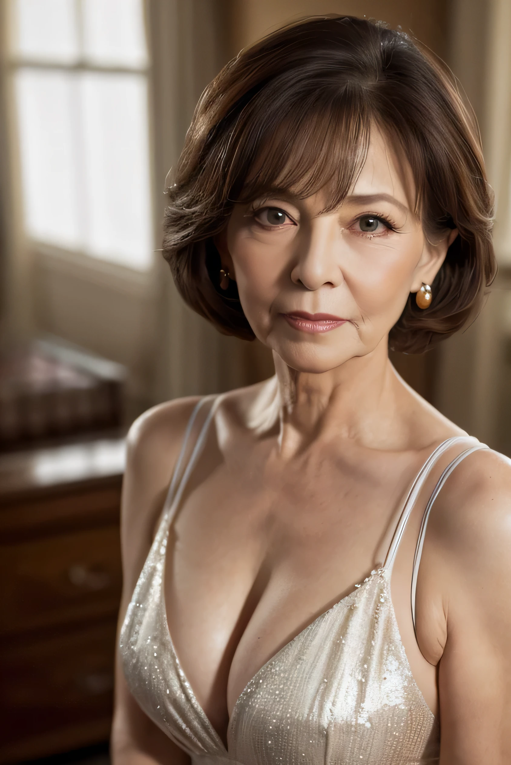 highest quality, masterpiece, High resolution, Realistic, RAW Photos, 8k wallpaper, perfection, Professional Lighting, Very detailed, ((One beautiful woman)), 80 years old, Sexy Woman, ((leotard)), Cleavage, Upper Body, ((look into the viewer'eye)), Detailed face, Beautiful eye, ((I'looking forward to it)), In the stylish dining room, sunny, bangs, Shapely breasts, Short Bob Hair, Plump and glossy lips, Cowboy Shot, ((Place your arms between your legs))