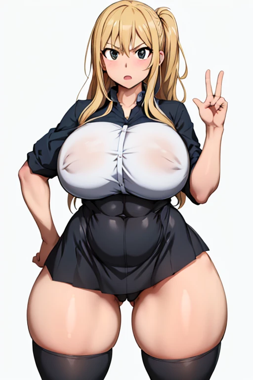 One Girl,Precise five fingers,{Knee-high socks}、(((Wide Hips)))、 (((Plump thighs)))、((Big Ass))、(Big Breasts) Embarrassed look,whole body、Long Hair、Sexy pose,Black footwear、Black Hair、blonde、Short skirt、