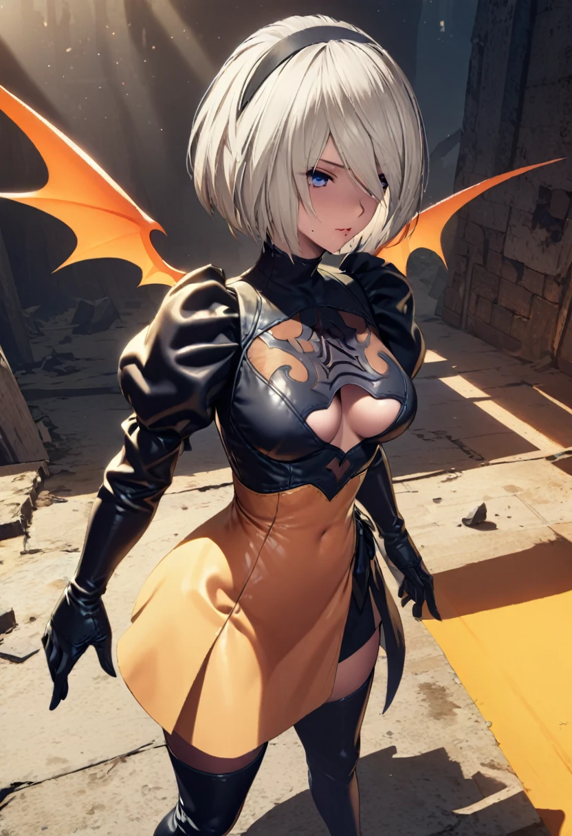 best quality, Best Illustration, Highly detailed CG Unity 8k wallpaper,Dark fantasy setting,Beautiful girl,yorha2b, sexy detailed face, short hair, white hair, black hairband, seductive blue eyes, mole under mouth, Tight combat suit,miniskirt,Blazing Devil Wings,Cast Shadows,Standing on the ruins,Red and orange palette,otherworldly power,Dynamic Lighting, Depth of Field, The best shadow, stable diffusion model, sparkling