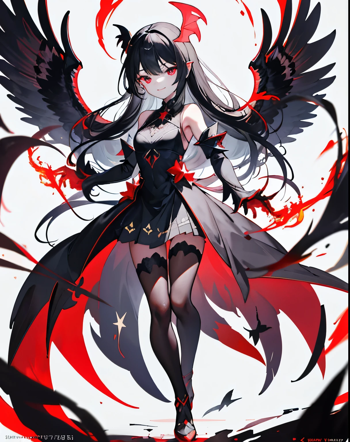 girl,Long Black Hair,masterpiece, highest quality, Super detailed, Downcast eyes,Tabletop, highest quality), (Perfect athletic body:1.2),8K High Resolution, Trend Art Station, White Background, Standing in the Wilderness,whole body、Equipped with Crow Gauntlets、triumphant smile、Small breasts、, As if smoke and shadows were given shape, Wings made from giant crows, Dancing crow feathers, Many glowing red eyes, Shadow Claw, Supernatural Lightning and Fire, ((Eight-pointed star symbol)), 8K High Resolution, Trend Art Station, whole body,Black Feather Gothic Dress、A whirlpool of countless red-eyed crows、Nuclear energy