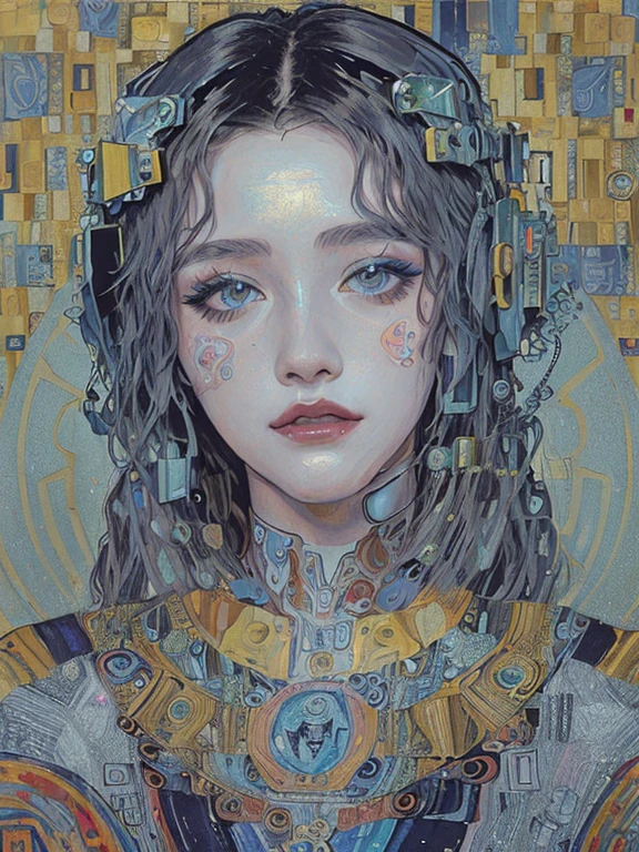 A (((beautiful cyborg woman))) with advanced (((cyberpunk make-up))), featuring elegant patterns and symmetrical arrangements around her (((face))), colors of (((blue))) and (((red))) contrasting against a (((metallic silver))) backdrop evoking the essence of (((Alphonse Mucha's art style))) with a (((Gustav Klimt inspired ornamental pattern))) incorporated into the intricate design.