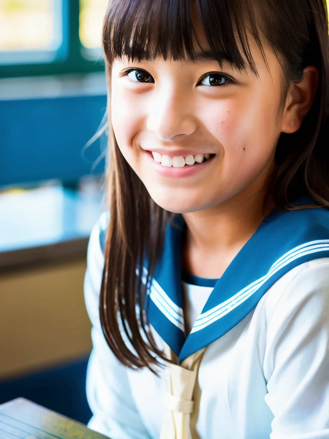 lens: 135mm f1.8, (highest quality),(RAW Photos), (Tabletop:1.1), (Beautiful 13 year old Japanese girl), Cute Face, (Deeply chiseled face:0.7), (freckles:0.4), Speckled sunlight, Dramatic lighting, (Sailor suit), dark blue, Long sleeve, (In the classroom), shy, (Close-up shot:1.2), (smile)
