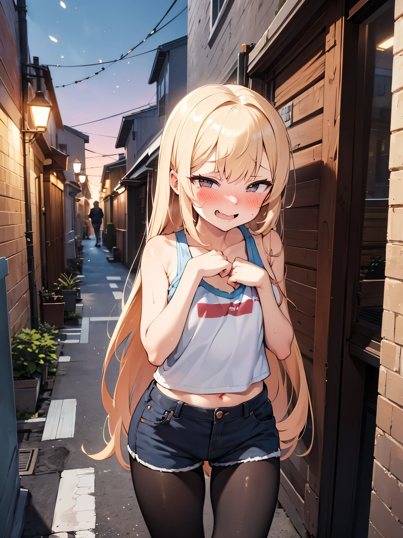 NSFW,Blonde,Very long hair、Messy Hair、Flat Chest,Tank top,cropped,Shorts,pantyhose,(Perfect hands),(Perfect Anatomy),(masterpiece),(highest quality),(Embarrassed:1.5),blush,Shy laugh,Downtown at night,Back Alley,Street lamp