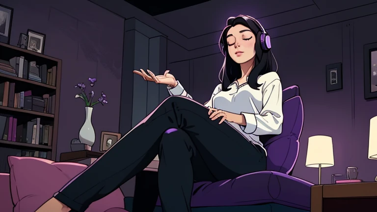 Beautiful woman in her 30s with black hair is sitting on the sofa with her eyes closed. and wearing headphones listening to music. Looking up, eyes closed, LOFI girl, alone in the room, pajamas cozy wallpaper, big cushion, bookshelf, relaxing mood, night core, cozy, wide glass window with skyscrapers, outside view at night, only five fingers, dark room, purple wall, Long legs,