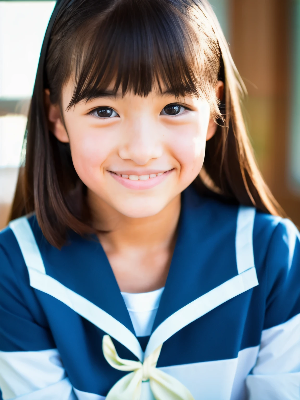 lens: 135mm f1.8, (highest quality),(RAW Photos), (Tabletop:1.1), (Beautiful 13 year old Japanese girl), Cute Face, (Deeply chiseled face:0.7), (freckles:0.4), Speckled sunlight, Dramatic lighting, (Sailor suit), dark blue, Long sleeve, (In the classroom), shy, (Close-up shot:1.2), (smile)
