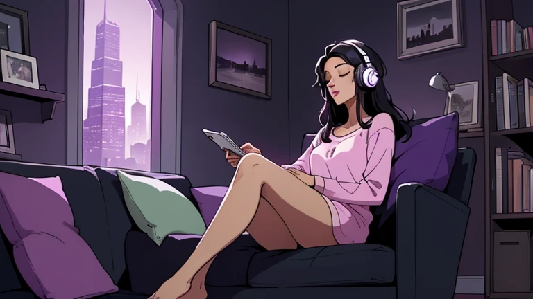 Beautiful woman in her 30s with black hair is sitting on the sofa with her eyes closed. and wearing headphones listening to music. Looking up, eyes closed, LOFI girl, alone in the room, pajamas cozy wallpaper, big cushion, bookshelf, relaxing mood, night core, cozy, wide glass window with skyscrapers, outside view at night, only five fingers, dark room, purple wall, Long legs,
