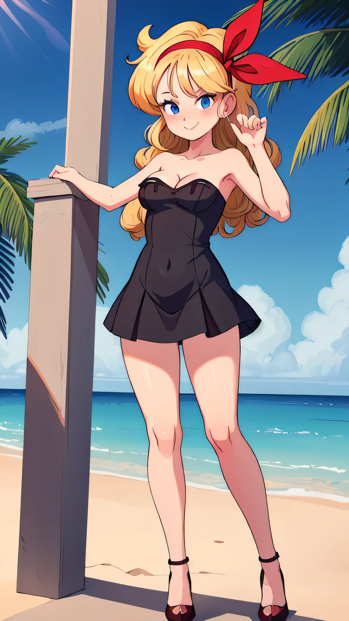 ((masterpiece, best quality)), insaneres, absurdres, solo, looking at viewer, BlondeHair_BadLaunch_ownwaifu, 1girl, long hair, blonde hair, curly hair, hair ribbon, blue eyes, medium breasts, red hairband, eyelashes, bangs, cleavage, bare shoulders, collarbone, black dress, short black dress, bodycon, skin-tight dress, strapless, black high heels, smile, seductive, beach, ocean, outdoor gazebo, sunlight, blue sky, Masterpiece,