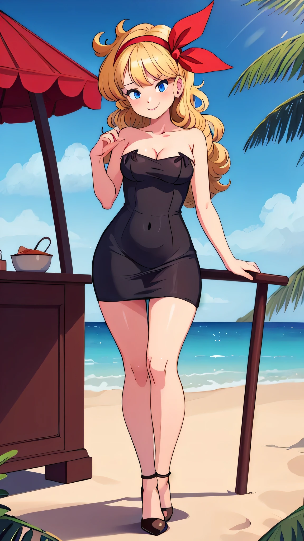 ((masterpiece, best quality)), insaneres, absurdres, solo, looking at viewer, BlondeHair_BadLaunch_ownwaifu, 1girl, long hair, blonde hair, curly hair, hair ribbon, blue eyes, medium breasts, red hairband, eyelashes, bangs, cleavage, bare shoulders, collarbone, black dress, short black dress, bodycon, skin-tight dress, strapless, black high heels, smile, seductive, beach, ocean, outdoor gazebo, sunlight, blue sky, Masterpiece,