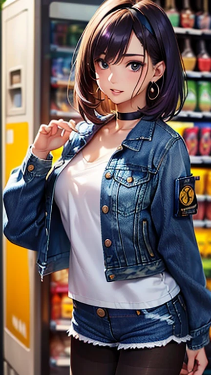 A girl is posing for a photo,pretty girl,Enchanting girl,Realistic young anime girl,
(((One Girl,Baby Face,16 years old))),
((How to wear a blue denim jacket properly:1.6), (Denim shorts:1.4)、(Black Pantyhose:1.4))、Black choker、ring earrings、((White Headband))、
BREAK
(Beautiful Hair,Shiny Hair),(Purple Hair、Short cut),
(Expression of fine eyes,Beautiful and delicate eyes,Sparkling eyes,Eye Reflexes),(black eye),
double eyelid,Long eyelashes,
(Beautiful Nose,Thin Nose),
(Glossy lips,Beautiful Lips,Thick lips),
(Symmetrical facial features,Perfect Face),(((Detailed skin,Oily skin,Textured skin,Beautiful Skin))),
break
(smile、Embarrassed),
(noon、(bustling street、In front of the vending machine)),((Are standing、Dynamic Pose、Cowboy Shot)),
break
(((highest quality)),((masterpiece)),(Very detailed),(High resolution)),(8k),((Line art)),(Realistic),(Anime 2D Rendering),