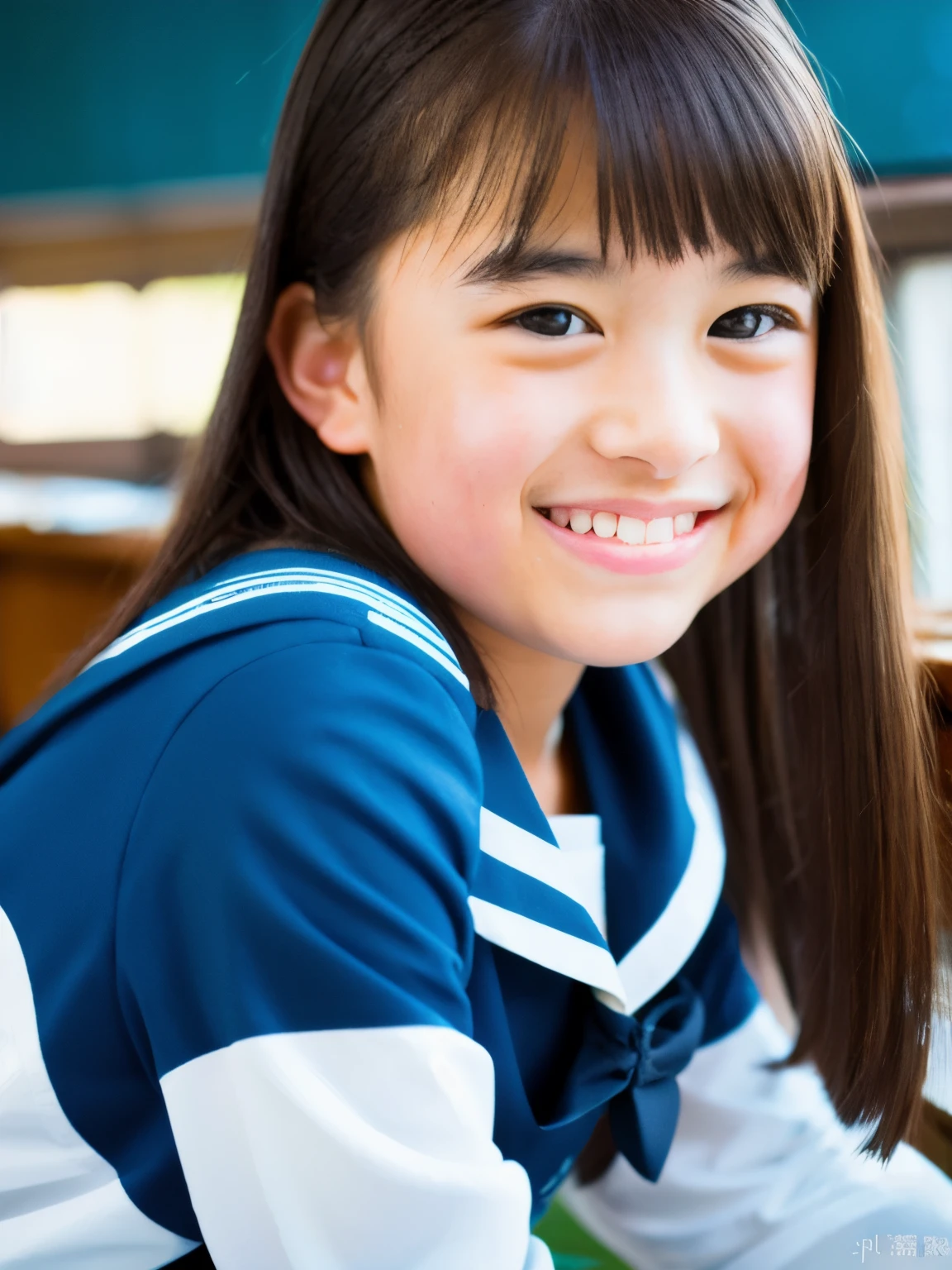 lens: 135mm f1.8, (highest quality),(RAW Photos), (Tabletop:1.1), (Beautiful 13 year old Japanese girl), Cute Face, (Deeply chiseled face:0.7), (freckles:0.4), Speckled sunlight, Dramatic lighting, (Sailor suit), dark blue, Long sleeve, (In the classroom), shy, (Close-up shot:1.2), (smile)
