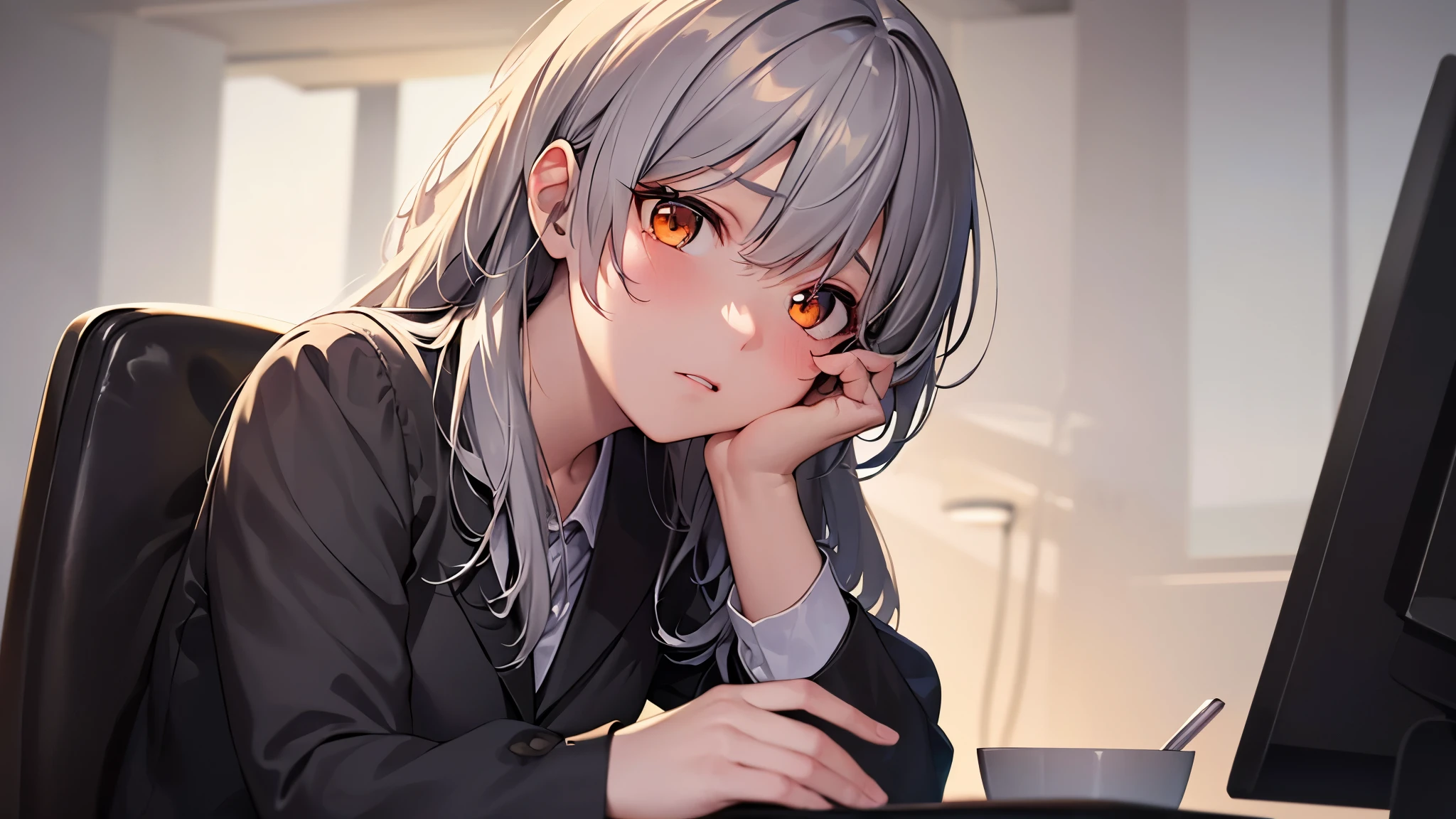 highest quality, 8k, 4K, High resolution, (Beautifully detailed face), High Contrast, office,desk,computer, 1 girl, Gray Hair, Orange eyes, suit,A sense of tragedy,Anguished, Upper Body