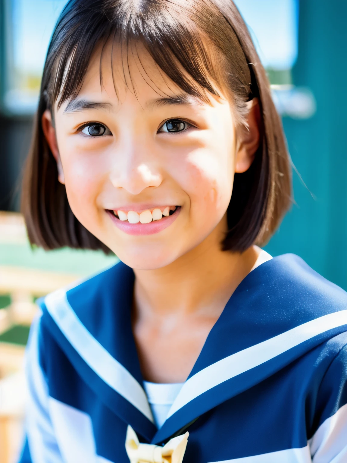 lens: 135mm f1.8, (highest quality),(RAW Photos), (Tabletop:1.1), (Beautiful 13 year old Japanese girl), Cute Face, (Deeply chiseled face:0.7), (freckles:0.4), Speckled sunlight, Dramatic lighting, (Sailor suit), dark blue, Long sleeve, (In the classroom), shy, (Close-up shot:1.2), (smile)
