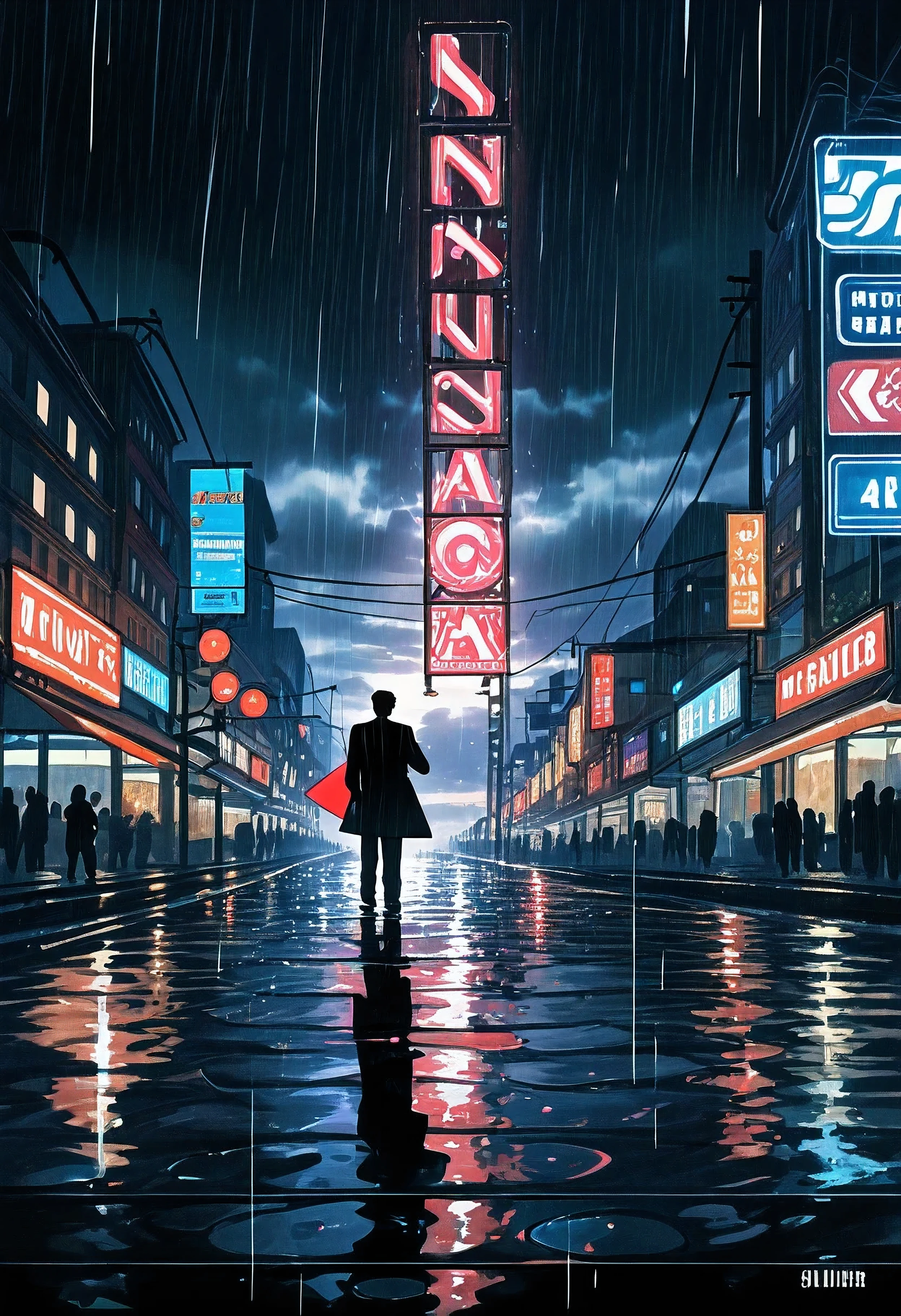 cover, high resolution, maximum quality, best quality, paid reward available, unparalleled masterpiece, perfect art, absurdities, High quality illustrations, super high resolution, detailed background, Man wearing a wet tuxedo in the rain, in the city, a night view with glowing neon signs, silhouette reflected in a puddle, cinematic lighting,