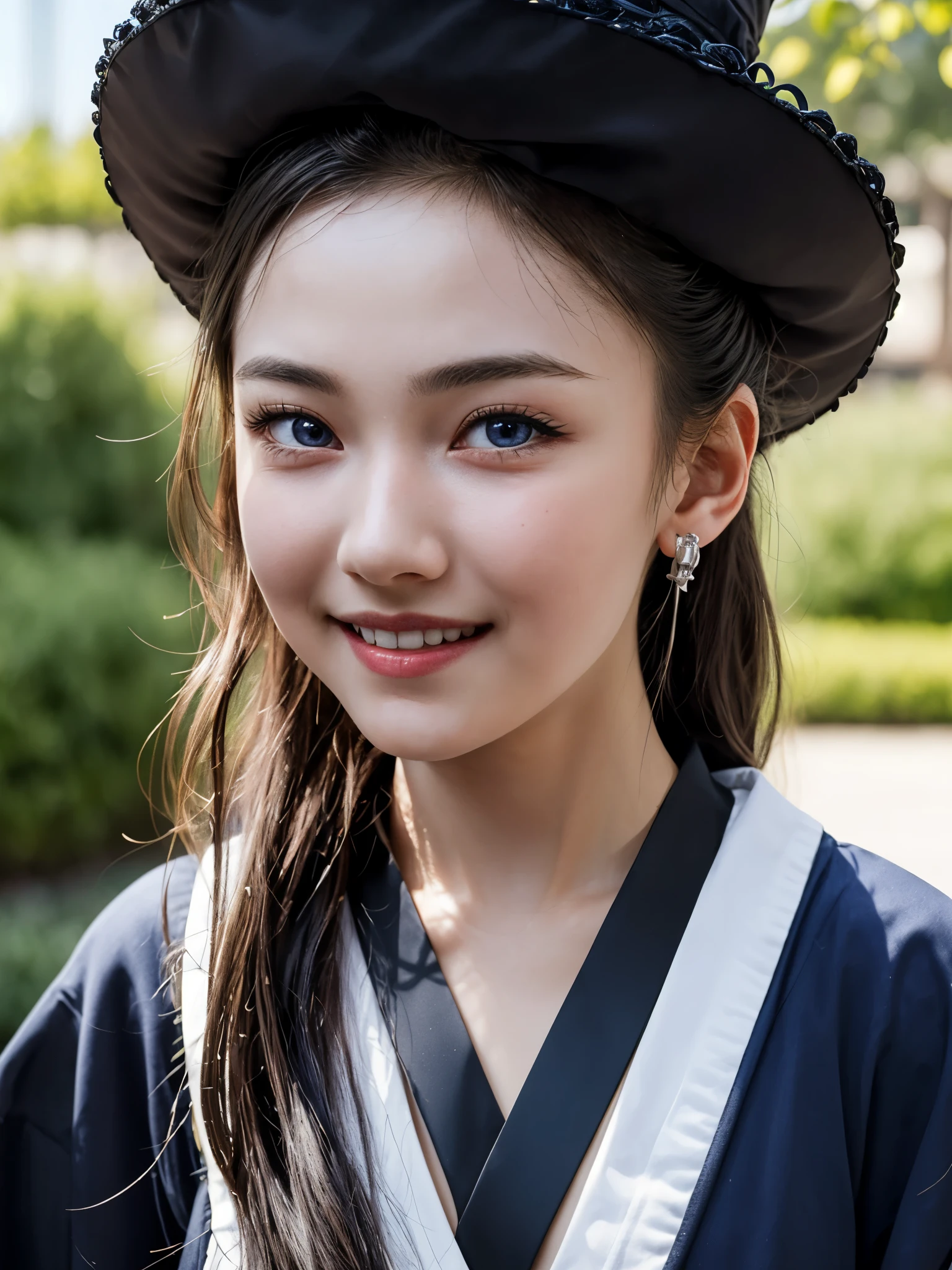 1girl, worn-out robe, very long hair, wide victorian hat, sash, kimono, skull hairpin, best quality, (realistic:1.3), seductive expressions, blue pupils, (oiled skin:1.2), detailed face, droopy eyes, black theme, complex thin harness wrapping the body, smile, looking at viewer, exposure, glossy black marble, light reflection, outdoor, (yo, cute:1.3), (breasts:1.2), 