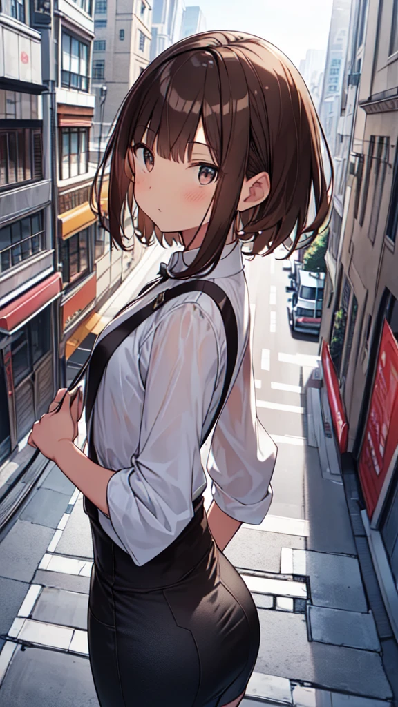 Tabletop, highest quality,figure, wallpaper, Super detailed, Absurd, 1, alone, (Short brown hair), Wet Hair,Staring at us from the front,Beautiful brown hair, Clear brown eyes, Slightly chubby,Small breasts,The butt is small, Beautiful fine details , (City streets), Bright sky,(Panoramic View:1.3),(Depth:1.5),(Long Shot:1.3)