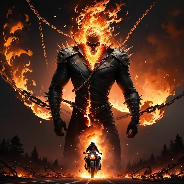 A fiery motorcycle from the movie Ghost Rider, engulfed in flames with chains wrapped around it, roaring down a dark, deserted highway under a moonlit sky, the spectral rider with a flaming A fiery Chopper motorcycle from the movie Ghost Rider, engulfed in intense flames, parked on a dark, deserted highway under a moonlit sky, with the focus solely on the burning motorcycle, showcasing its intricate details and the dramatic effect of the fire