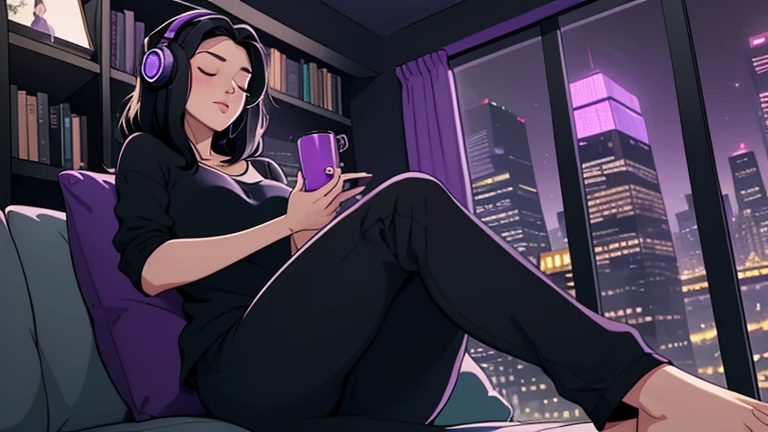 Beautiful woman in her 30s with black hair is sitting on the sofa with her eyes closed. and wearing headphones listening to music. Looking up, eyes closed, LOFI girl, alone in the room, pajamas cozy wallpaper, big cushion, bookshelf, relaxing mood, night core, cozy, wide glass window with skyscrapers, outside view at night, only five fingers, dark room, purple wall, Long legs,