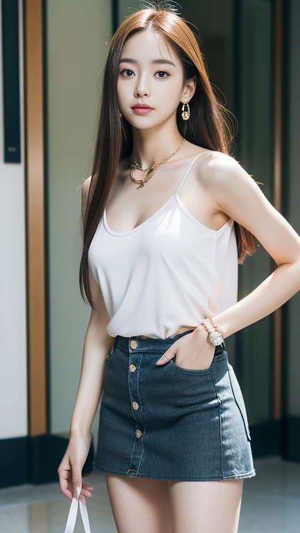 highest quality、 超A high resolution、Nikon Z85mm、(｛（Raw photo:1.2）｝)Natural soft light、Professional Lighting、 Realistic、Super live action、Photorealistic miniskirt、White camisole on bare skin,Perfect bare legs、Delicate legs、 Perfect Proportions、Sexy Legs、 Ulzzang-6500-v1.1, Beautiful face in every detail、Detailed eyes,Detailed lips,Beautiful Eyebrows,Perfect Proportions、Japanese Ido,Korean Idol,18歳の美しいwomanがファッションを披露, Fashion influenced by Namie Amuro,Amra,Amra Women,,９０Keep up with the trends of the times,Micro Mini Skirt,Wear platform boots,Shibuya Ward, スタイルの良いwoman,理想のwoman,Beautiful breast shape,１woman,A necklace that matches your fashion,bracelet,Earrings,gyuru