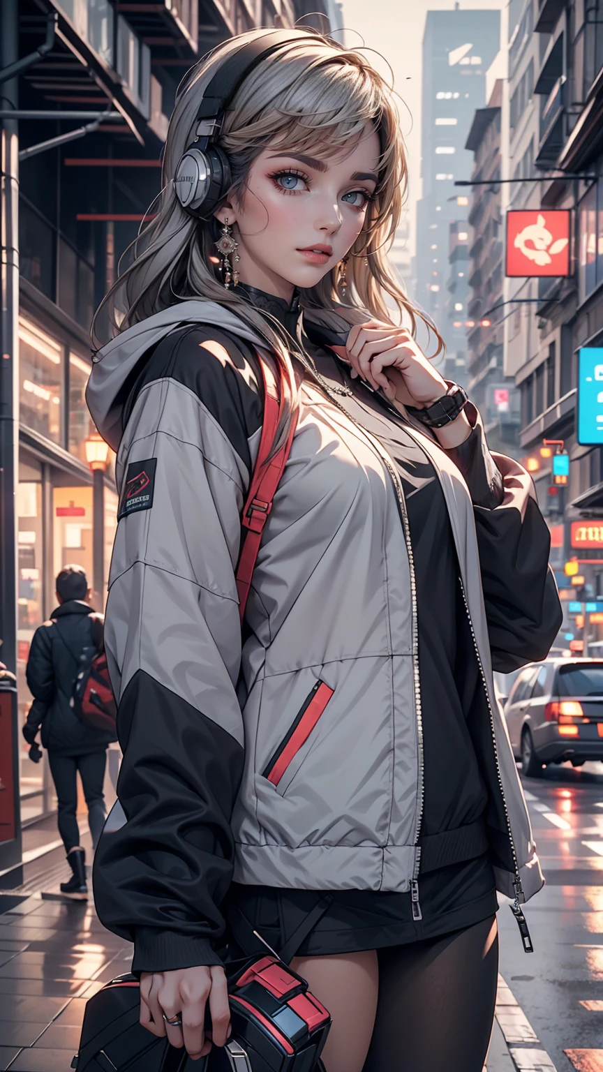 One girl, Gray Hair, Long Hair, Techwear masterpiece, highest quality, Realistic, realism, Dark purple jacket, Portraiture, Fine grain, Wearing the headset, Platinum Hair, 21 year old girl, Fashion pose, Half Body, Wide shot, on the road, cyber punk