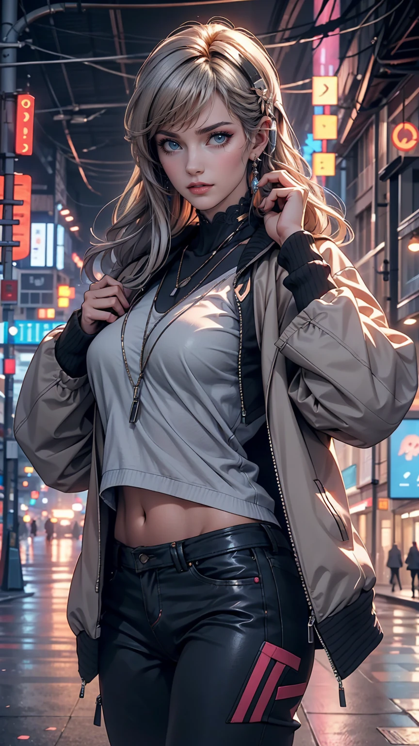 One girl, Gray Hair, Long Hair, Techwear masterpiece, highest quality, Realistic, realism, Dark purple jacket, Portraiture, Fine grain, Wearing the headset, Platinum Hair, 21 year old girl, Fashion pose, Half Body, Wide shot, on the road, cyber punk