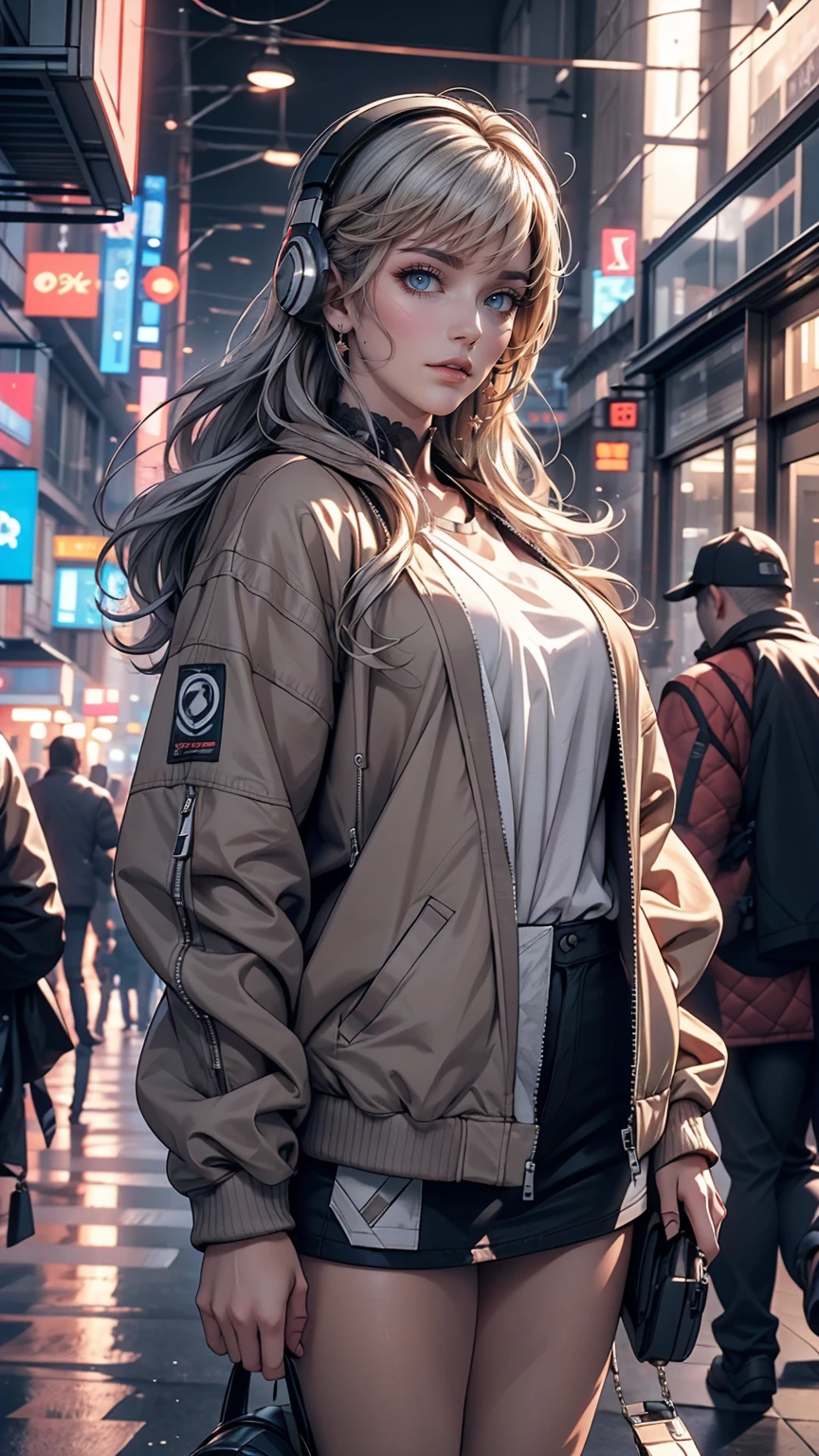 One girl, Gray Hair, Long Hair, Techwear masterpiece, highest quality, Realistic, realism, Dark purple jacket, Portraiture, Fine grain, Wearing the headset, Platinum Hair, 21 year old girl, Fashion pose, Half Body, Wide shot, on the road, cyber punk