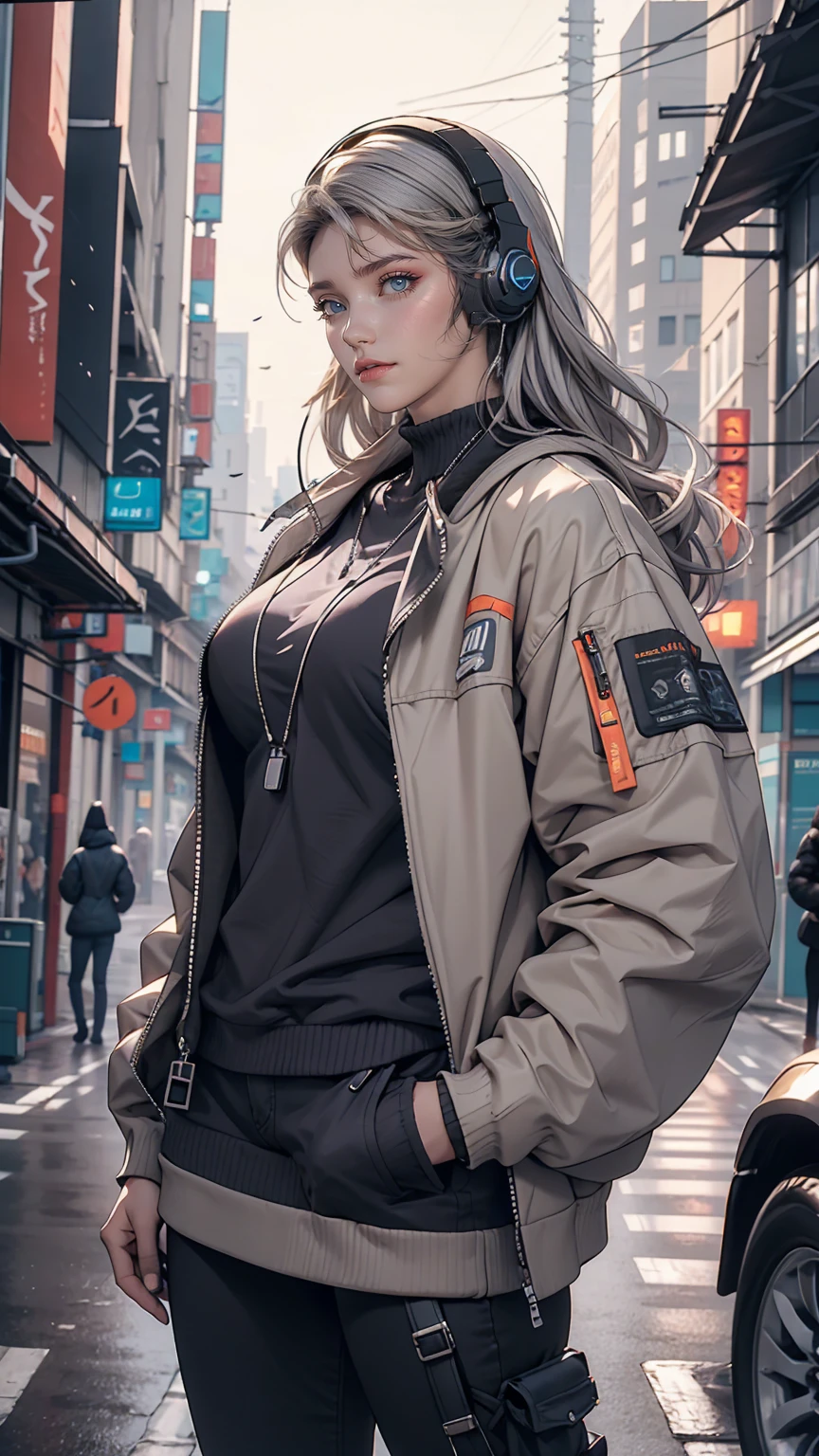 One girl, Gray Hair, Long Hair, Techwear masterpiece, highest quality, Realistic, realism, Dark purple jacket, Portraiture, Fine grain, Wearing the headset, Platinum Hair, 21 year old girl, Fashion pose, Half Body, Wide shot, on the road, cyber punk