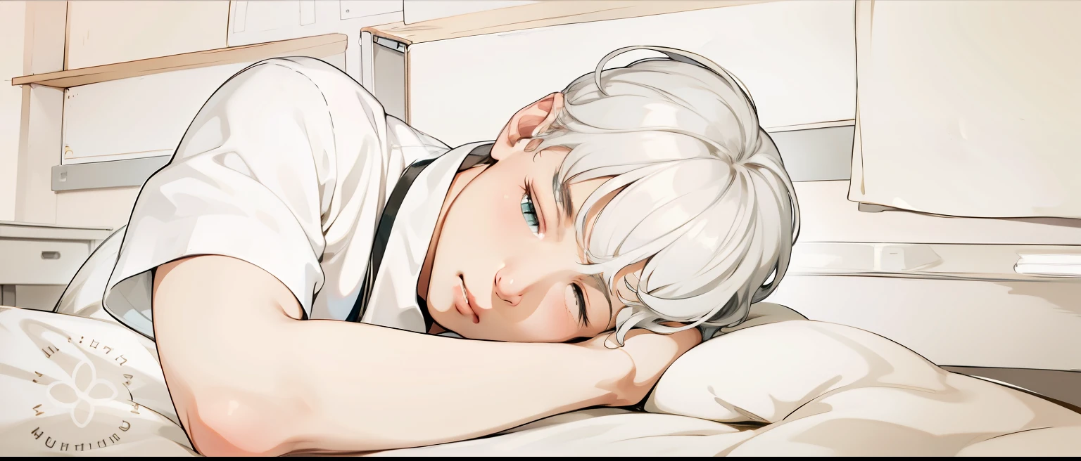 unlindo chico de cabello gris esta dormido en el escritorio de la escuela