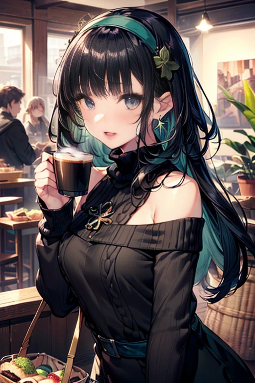 (perky chest:1.2), (pointed chest:1.2),(((Black Tunic:1.3))),(((cakes and bread in the basket),Cute and beautiful girl,Cute round face,Cute smile,with blush cheeks,Red Lip,solo, looking at viewer, open mouth, have a cute grass of cute beergrass,black hair, dark green eyes, dress, bare shoulders, jewelry, collarbone, sidelocks, hairband, earrings, indoors, off shoulder, sweater, arms behind back, plant, short hair with long locks, gild hairband, off-shoulder dress, sweater dress, off-shoulder sweater, black sweater, dark gord hair, big side hair, very long side hair,is rendered in (masterpiece: 1.2, best quality), with (ultra high resolution) and an exquisite (depth of field),(Bangs are see-through bangs),hair pin,hair adornments,detailed clothes features,Detailed hair features,detailed facial features,(Dynamic angles),(Dynamic and sexy poses),Cinematic Light,(masutepiece,top-quality,Ultra-high resolution) ,(The 8k quality,Anatomically accurate facial structure,),(Sea Art 2 Mode:1.3),(Image Mode Ultra HD) ,(Hold a coffee in your hand:1.3),delicate beautiful face, Bright blue eyes, cute eyes, sparkling eyes, Big eyes, (perky chest:1.1), (pointed chest:1.3), looking at viewer,
