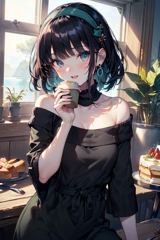 (perky chest:1.2), (pointed chest:1.2),(((Black Tunic:1.3))),(((cakes and bread in the basket),Cute and beautiful girl,Cute round face,Cute smile,with blush cheeks,Red Lip,solo, looking at viewer, open mouth, have a cute grass of cute beergrass,black hair, dark green eyes, dress, bare shoulders, jewelry, collarbone, sidelocks, hairband, earrings, indoors, off shoulder, sweater, arms behind back, plant, short hair with long locks, gild hairband, off-shoulder dress, sweater dress, off-shoulder sweater, black sweater, dark gord hair, big side hair, very long side hair,is rendered in (masterpiece: 1.2, best quality), with (ultra high resolution) and an exquisite (depth of field),(Bangs are see-through bangs),hair pin,hair adornments,detailed clothes features,Detailed hair features,detailed facial features,(Dynamic angles),(Dynamic and sexy poses),Cinematic Light,(masutepiece,top-quality,Ultra-high resolution) ,(The 8k quality,Anatomically accurate facial structure,),(Sea Art 2 Mode:1.3),(Image Mode Ultra HD) ,(Hold a coffee in your hand:1.3),delicate beautiful face, Bright blue eyes, cute eyes, sparkling eyes, Big eyes, (perky chest:1.1), (pointed chest:1.3), looking at viewer,
