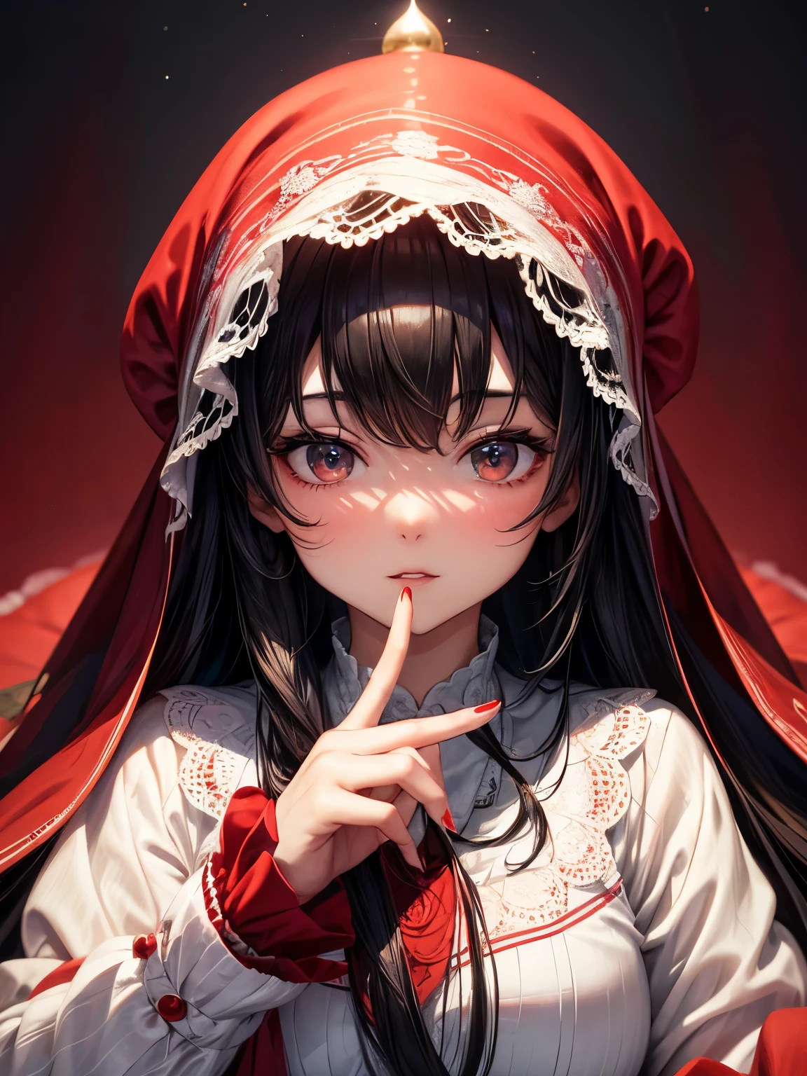 An elegant chubby woman, wearing a red veil covering her eyes, places her fingers on her lips, symbolizing silence. Her nails were long and painted bright red. The background is solid black