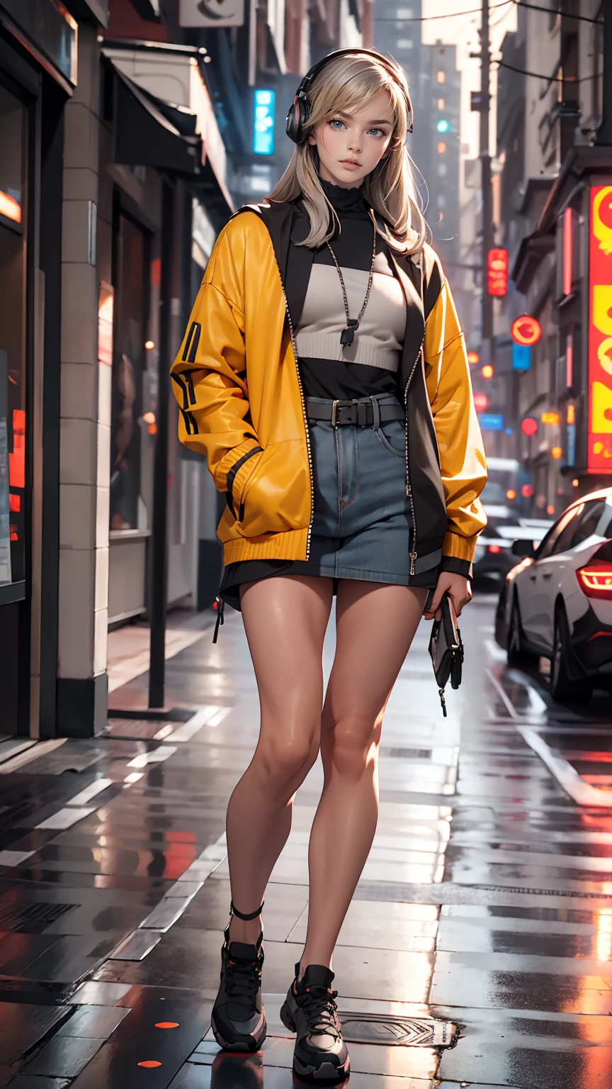 One girl, Gray Hair, Long Hair, Techwear masterpiece, highest quality, Realistic, realism, Dark purple jacket, Portraiture, Fine grain, Wearing the headset, Platinum Hair, 21 year old girl, Fashion pose, Half Body, Wide shot, on the road, cyber punk