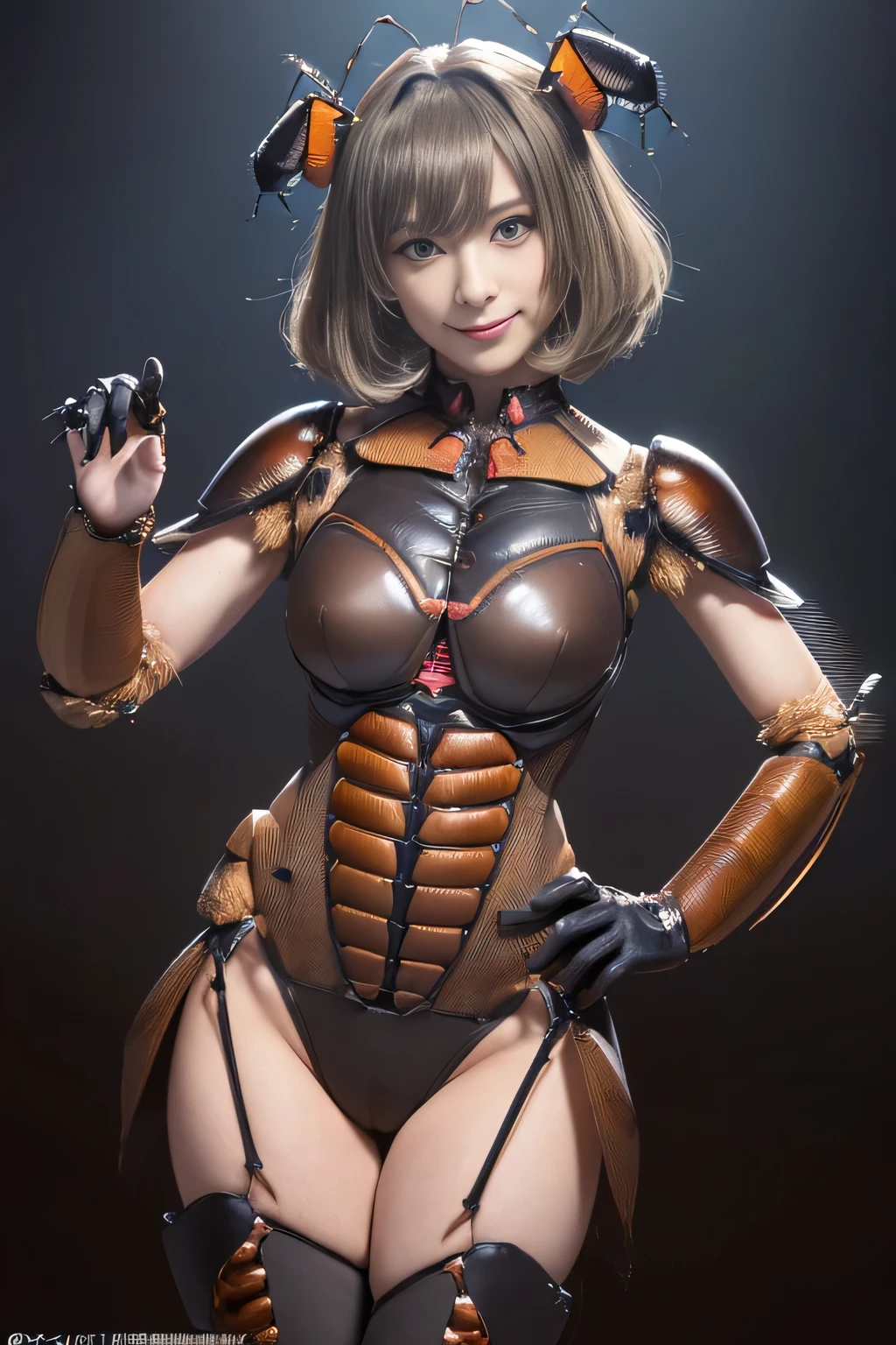 (high resolution,masterpiece,best quality,extremely detailed CG, anime, official art:1.4), realistic, photo, amazing fine details, all intricate, gloss and shiny,awesome many layers, 8k wall paper, 3d, sketch, kawaii, illustration,( solo:1.4), perfect female proportion,villainess, (fusion of dark brown cockroach and lady:1.4), (brown cockroach form lady:1.2), (brown cockroach lady:1.2), (fusion:1.2), (solo:1.4), (evil smile:1.2), muscular, abs, (cockroach brown exoskeleton bio insect suit:1.4), (cockroach brown exoskeleton bio insect armor:1.2), (brown transparency cockroach wing:1.4), (brown cockroach antennae:1.3),