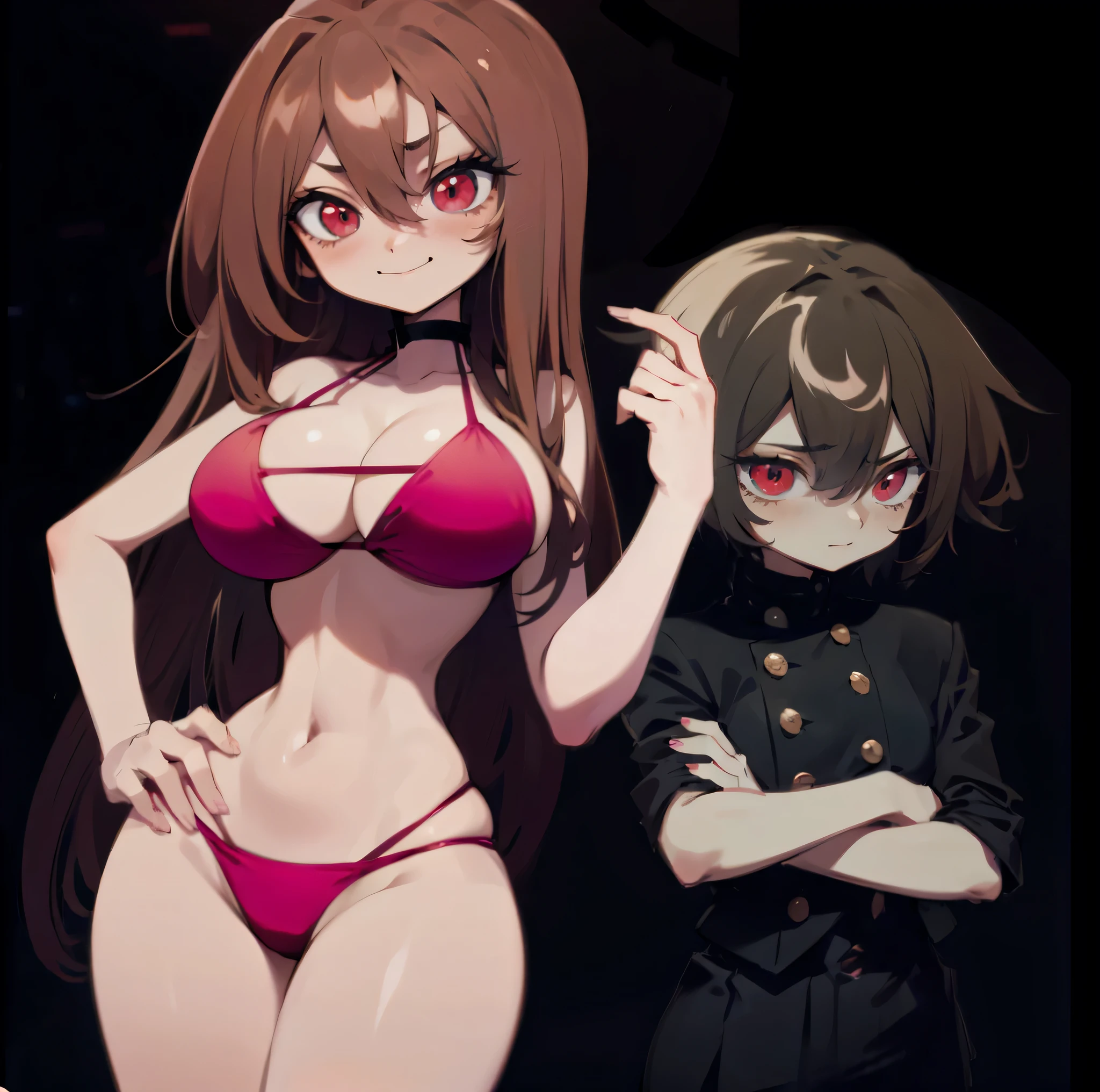 masterpiece, 4k, details, extreme details, high resolution, 1 woman, DJ , long brown hair, red eyes, mischievous face, smile, pink bikini, belly, large breasts , standing on your hips // masterpiece, 4k, details, extreme details, high resolution, 1 boy , messy brown hair, red eyes, shy face, gakuran shirt , black dress , black pants , cross your arms , black background