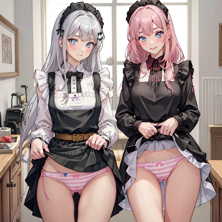 highest quality, masterpiece, ((2 girls:1.5)), ((smile:1.3)), (blush:1.3), Black Shirt, blouse, ((fun!!)), (Small breasts), Blonde, (Long sleeve), ((White apron:1.5)), ((Maid)), ((hair ornaments)), Kamimei, look at me, ((in house:1.5)), Taking a break from watching the audience, Cowboy Shot, (skirtlift:1.3), (Highly detailed pink striped panties:1.3), (Highly detailed panties:1.3), (skirt that rolls up:1.3), (Panties fully exposed:1.5), Light blue eyes, long hair, Glowing Eyes