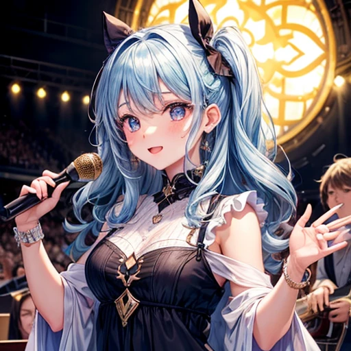 absurderes、ultra-detailliert、​masterpiece、top-quality、BREAK、Official art、（Beautifully Aesthetic：１.２）、（watercolor paiting：Curly）、BREAK、Devilish Pretty Girl 1.2、a beauty girl、Beautiful nasal muscles、BREAK（kawaii：⒈３）、sixteen years old、BREAK、((colourful hair))、from a((Versatile Mesh Hair 1.5))、BREAK、Splash、（Mixed blue and pink hair１.２）、(フラクタルアート1.３)、BREAK、Cat's ears、A sexy、（Cat gloves、Fluffy hands）、BREAK、Like a cat's paw、Short socks、human - shaped、BREAK、AI Concert、BREAK、(Random eye color)from a、((Heterochromia 15))、BREAK、From Side、Look at viewers、BREAK、((Above the live stage))、Wedding costumes with ultra-detailed embroidery、Sing while holding the microphone with your left hand、Neon Detail Spotlight、BREAK、BREAK、Shyness、tension、red blush、happy facial expression、The best smile、BREAK、Versatile poses、BREAK、Standing、BREAK、(Cute Panty Shot Figure 1.1、Cute embroidery white:1.5 string panties)、Panchira figure with skirt swaying in the wind 15、BREAK、