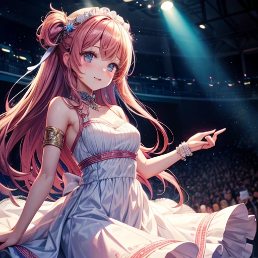One girl, alone, highest quality, masterpiece , Hoshino Ruby,  hair ornaments, Shining Eyes, Stars in my eyes, (Star in the right eye:1), (dress:1.4), (Concert 1), On Stage,