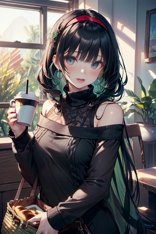 (perky chest:1.2), (pointed chest:1.2),(((Black Tunic:1.3))),(((cakes and bread in the basket),Cute and beautiful girl,Cute round face,Cute smile,with blush cheeks,Red Lip,solo, looking at viewer, open mouth, have a cute grass of cute beergrass,black hair, dark green eyes, dress, bare shoulders, jewelry, collarbone, sidelocks, hairband, earrings, indoors, off shoulder, sweater, arms behind back, plant, short hair with long locks, gild hairband, off-shoulder dress, sweater dress, off-shoulder sweater, black sweater, dark gord hair, big side hair, very long side hair,is rendered in (masterpiece: 1.2, best quality), with (ultra high resolution) and an exquisite (depth of field),(Bangs are see-through bangs),hair pin,hair adornments,detailed clothes features,Detailed hair features,detailed facial features,(Dynamic angles),(Dynamic and sexy poses),Cinematic Light,(masutepiece,top-quality,Ultra-high resolution) ,(The 8k quality,Anatomically accurate facial structure,),(Sea Art 2 Mode:1.3),(Image Mode Ultra HD) ,(Hold a coffee in your hand:1.3),delicate beautiful face, Bright blue eyes, cute eyes, sparkling eyes, Big eyes, (perky chest:1.1), (pointed chest:1.3), looking at viewer,
