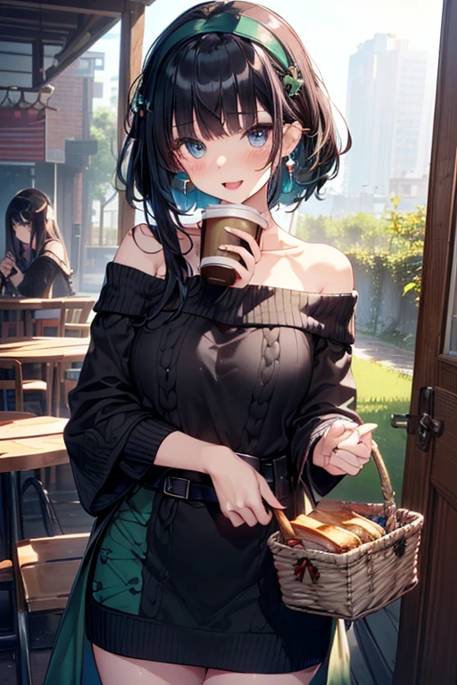 (perky chest:1.2), (pointed chest:1.2),(((Black Tunic:1.3))),(((cakes and bread in the basket),Cute and beautiful girl,Cute round face,Cute smile,with blush cheeks,Red Lip,solo, looking at viewer, open mouth, have a cute grass of cute beergrass,black hair, dark green eyes, dress, bare shoulders, jewelry, collarbone, sidelocks, hairband, earrings, indoors, off shoulder, sweater, arms behind back, plant, short hair with long locks, gild hairband, off-shoulder dress, sweater dress, off-shoulder sweater, black sweater, dark gord hair, big side hair, very long side hair,is rendered in (masterpiece: 1.2, best quality), with (ultra high resolution) and an exquisite (depth of field),(Bangs are see-through bangs),hair pin,hair adornments,detailed clothes features,Detailed hair features,detailed facial features,(Dynamic angles),(Dynamic and sexy poses),Cinematic Light,(masutepiece,top-quality,Ultra-high resolution) ,(The 8k quality,Anatomically accurate facial structure,),(Sea Art 2 Mode:1.3),(Image Mode Ultra HD) ,(Hold a coffee in your hand:1.3),delicate beautiful face, Bright blue eyes, cute eyes, sparkling eyes, Big eyes, (perky chest:1.1), (pointed chest:1.3), looking at viewer,
