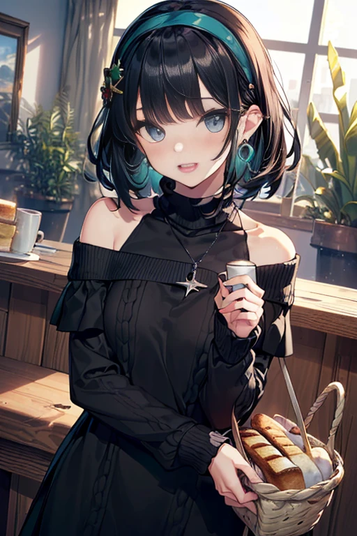 (perky chest:1.2), (pointed chest:1.2),(((Black Tunic:1.3))),(((cakes and bread in the basket),Cute and beautiful girl,Cute round face,Cute smile,with blush cheeks,Red Lip,solo, looking at viewer, open mouth, have a cute grass of cute beergrass,black hair, dark green eyes, dress, bare shoulders, jewelry, collarbone, sidelocks, hairband, earrings, indoors, off shoulder, sweater, arms behind back, plant, short hair with long locks, gild hairband, off-shoulder dress, sweater dress, off-shoulder sweater, black sweater, dark gord hair, big side hair, very long side hair,is rendered in (masterpiece: 1.2, best quality), with (ultra high resolution) and an exquisite (depth of field),(Bangs are see-through bangs),hair pin,hair adornments,detailed clothes features,Detailed hair features,detailed facial features,(Dynamic angles),(Dynamic and sexy poses),Cinematic Light,(masutepiece,top-quality,Ultra-high resolution) ,(The 8k quality,Anatomically accurate facial structure,),(Sea Art 2 Mode:1.3),(Image Mode Ultra HD) ,(Hold a coffee in your hand:1.3),delicate beautiful face, Bright blue eyes, cute eyes, sparkling eyes, Big eyes, (perky chest:1.1), (pointed chest:1.3), looking at viewer,
