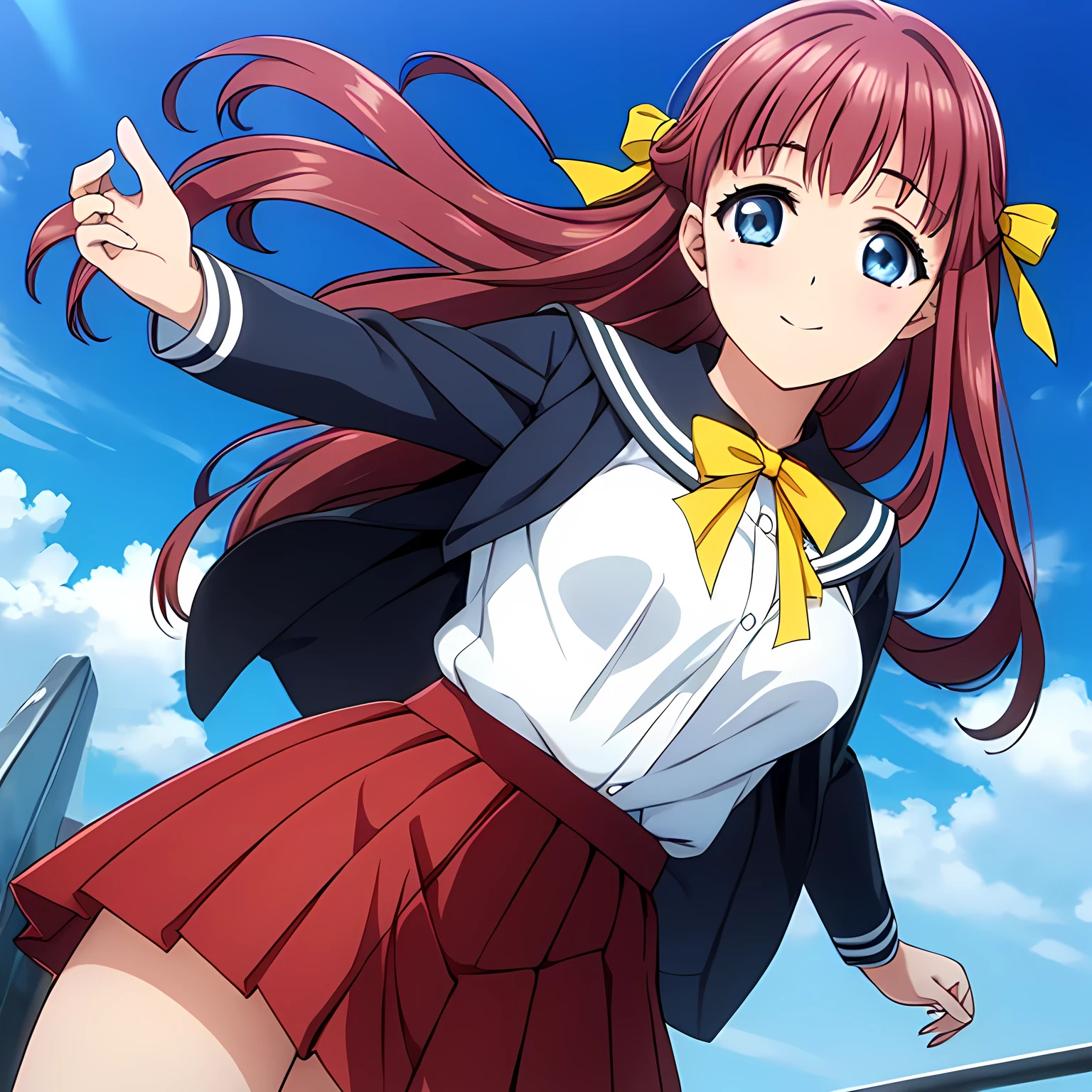 (highest quality, masterpiece:1.2), highest quality, High resolution, 1080p, 8K, CG of the heroine of a beautiful girl game, Height: 158cm, A beautiful heroine falls from the sky like an angel, smiling., A face that everyone loves, Glossy lips, Even bangs, Double, Long eyelashes on both the top and bottom, Big wide blue eyes, The very large and thick yellow ribbon bowtie is very cute., Beautiful, shiny red long hair, A long, neat, dark navy pleated skirt, ((A winter sailor uniform in dark navy blue)), Ribbon in hair, Thick calves, Tight waist, Navy blue pleated skirts fall from the sky, one after another., Approaching the viewer with open arms, ((now、God to the viewers々Trying to kiss you)), A very sacred temple in the sky, Shooting from below