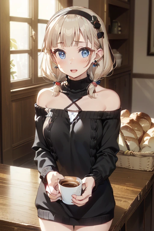 (perky chest:1.2), (pointed chest:1.2),(((Black Tunic:1.3))),(((cakes and bread in the basket),Cute and beautiful girl,Cute round face,Cute smile,with blush cheeks,Red Lip,solo, looking at viewer, open mouth, have a cute grass of cute beergrass,black hair, dark green eyes, dress, bare shoulders, jewelry, collarbone, sidelocks, hairband, earrings, indoors, off shoulder, sweater, arms behind back, plant, short hair with long locks, gild hairband, off-shoulder dress, sweater dress, off-shoulder sweater, black sweater, dark gord hair, big side hair, very long side hair,is rendered in (masterpiece: 1.2, best quality), with (ultra high resolution) and an exquisite (depth of field),(Bangs are see-through bangs),hair pin,hair adornments,detailed clothes features,Detailed hair features,detailed facial features,(Dynamic angles),(Dynamic and sexy poses),Cinematic Light,(masutepiece,top-quality,Ultra-high resolution) ,(The 8k quality,Anatomically accurate facial structure,),(Sea Art 2 Mode:1.3),(Image Mode Ultra HD) ,(Hold a coffee in your hand:1.3),delicate beautiful face, Bright blue eyes, cute eyes, sparkling eyes, Big eyes, (perky chest:1.1), (pointed chest:1.3), looking at viewer,
