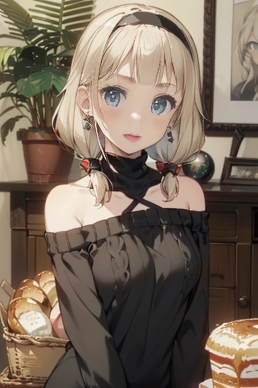 (perky chest:1.2), (pointed chest:1.2),(((Black Tunic:1.3))),(((cakes and bread in the basket),Cute and beautiful girl,Cute round face,Cute smile,with blush cheeks,Red Lip,solo, looking at viewer, open mouth, have a cute grass of cute beergrass,black hair, dark green eyes, dress, bare shoulders, jewelry, collarbone, sidelocks, hairband, earrings, indoors, off shoulder, sweater, arms behind back, plant, short hair with long locks, gild hairband, off-shoulder dress, sweater dress, off-shoulder sweater, black sweater, dark gord hair, big side hair, very long side hair,is rendered in (masterpiece: 1.2, best quality), with (ultra high resolution) and an exquisite (depth of field),(Bangs are see-through bangs),hair pin,hair adornments,detailed clothes features,Detailed hair features,detailed facial features,(Dynamic angles),(Dynamic and sexy poses),Cinematic Light,(masutepiece,top-quality,Ultra-high resolution) ,(The 8k quality,Anatomically accurate facial structure,),(Sea Art 2 Mode:1.3),(Image Mode Ultra HD) ,(Hold a coffee in your hand:1.3),delicate beautiful face, Bright blue eyes, cute eyes, sparkling eyes, Big eyes, (perky chest:1.1), (pointed chest:1.3), looking at viewer,
