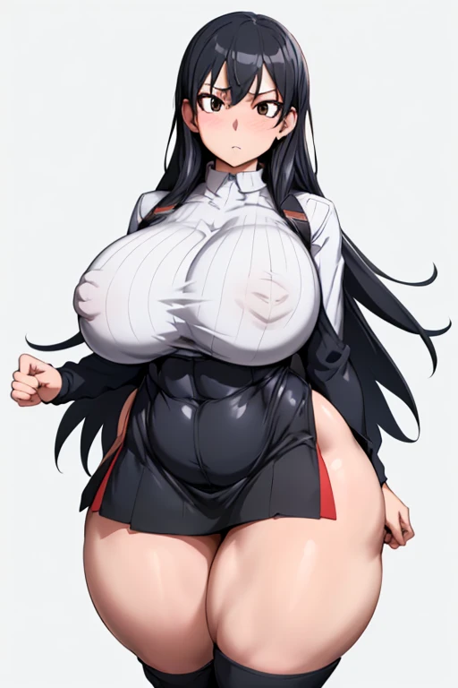 One Girl,Precise five fingers,{Knee-high socks}、(((Wide Hips)))、 (((plump and thick thighs)))、((Big Ass))、(Big Breasts) Embarrassed look,whole body、Long Hair、Sexy pose,Black footwear、Black Hair、blonde、Short skirt、