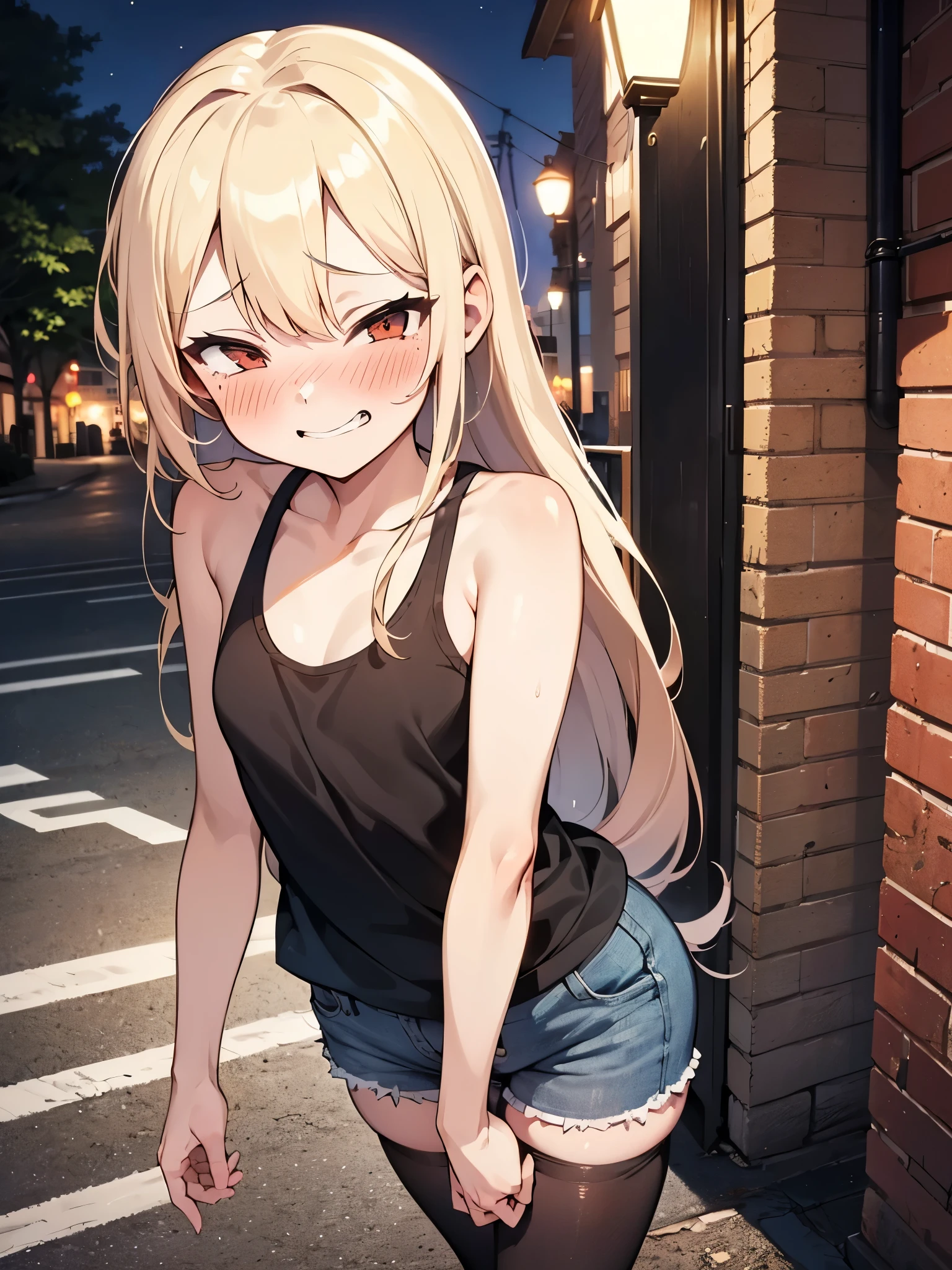 NSFW,Very long hair、Messy Hair、Flat Chest,Tank top,Micro Mini Skirt,Over the knee socks,(Perfect hands),(Perfect Anatomy),(masterpiece),(highest quality),(Embarrassed:1.5),blush,Downtown at night,alley,Street lamp