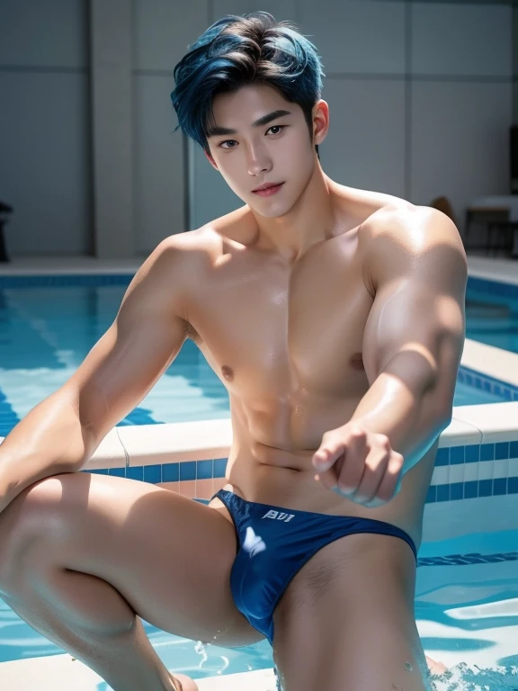 Korean man , teenager 、shoot from below , Shiny blue waterpolo swimwear , bulge , light smile, vivid blue hair , Fair skin , Naked Man , spiral comma bang 、Hairstyle with bangs , I can see your legs、Nothing in my hands、In the indoor pool、whole body , realistic handsome Korean face , thin muscles , beardless face、masterpiece、A high resolution、hyperrealism、detailed face、solo、a men、glowing skin、(Asian)、(young、teenager)、Handsome、detailed background、Handsome