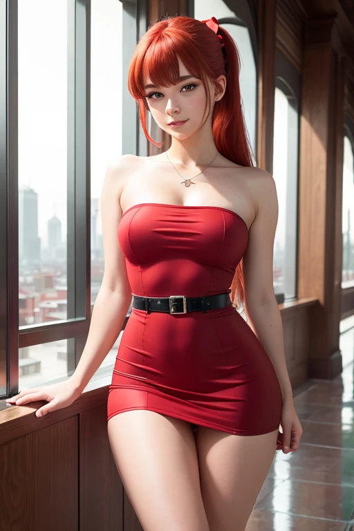 (masterpiece), best quality, expressive eyes, perfect face, (city background), (posing), (smirk), (closeup view), (1girl, age 18+, Belle Delphine, fair skin, red hair, long hair with bangs and big red bow, ponytail hairstyle, red eyes, hourglass figure, thin body, skinny body, petite_body, small breasts, wide hips, thick thighs), (tight fit, tight red-pink minidress, bodycon dress, sleeveless, strapless, black waist belt, white stockings),
