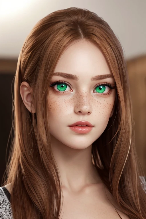 Portrait 1 girl very cute, perfect symmetric face, fleshy mouth, naughty look, wicked look, very little nose, symmetric eyes, highly detailled glossy eyes, ultra detailled eyes, pupil symmetric surroundings, green eyes, ginger eyebrow, ginger dark hair, straight, freckles, tanned skin, sensual, ultra high definition, 8k, sharp focus, studio lighting, ultra high detailled, hyperrealistic,
