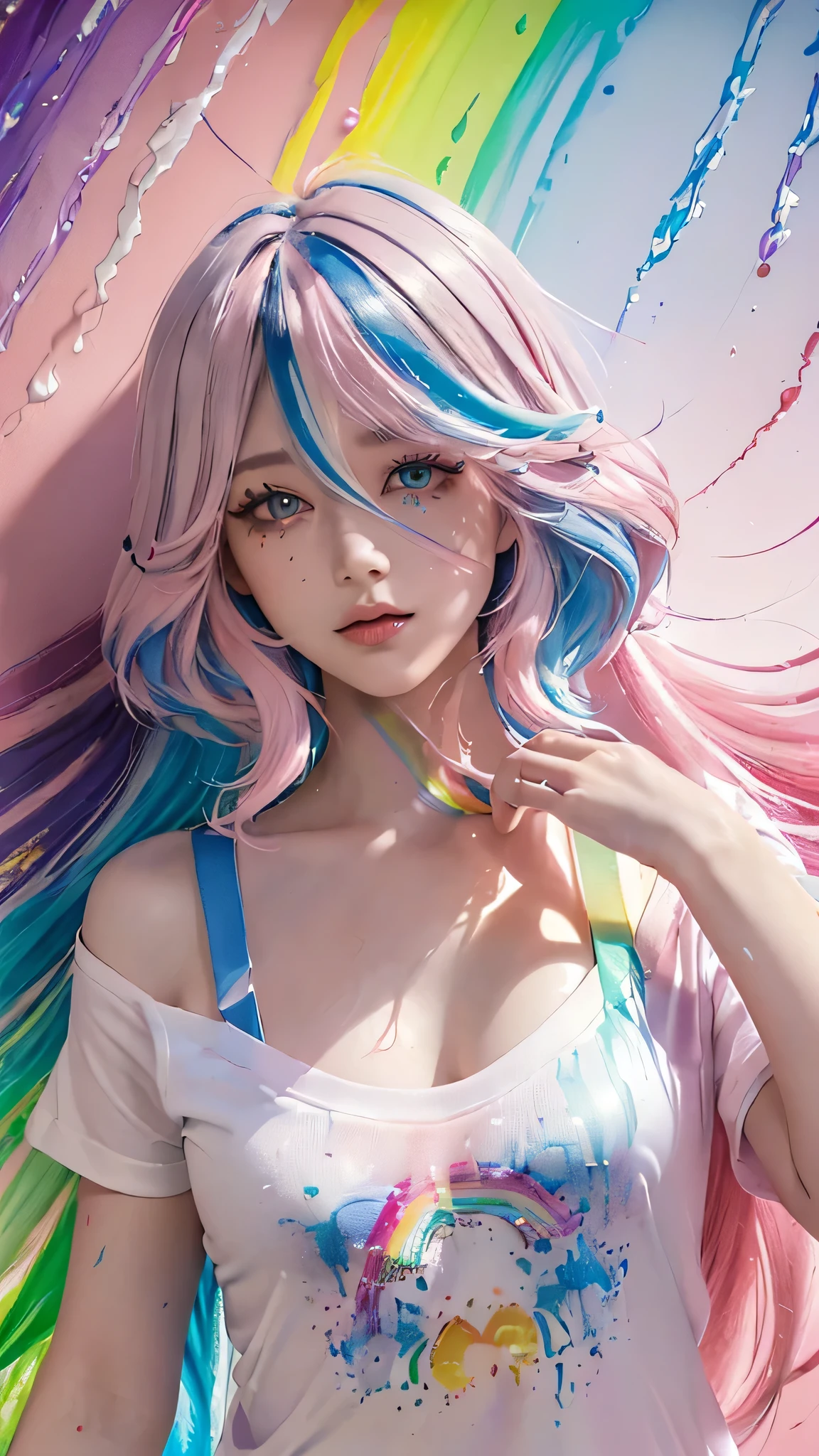 (Pink fashion T-shirt:1.9),(colored hair:1.8),(All colors of the rainbow:1.8),(((vertical painting:1.6)),(:1.6),front,comics,illustration,,big eyes,crystal clear eyes,(Rainbow colored semi-long hair:1.7),exquisite cosmetics,Shut your mouth,(Small fresh:1.5),(Wipe your chest:1.6),long eyelashes,White shoulder T-shirt。,White shoulder sleeve shirt,looking at the audience,blue eyes,(rainbow colour hair:1.6),color splotches,(solo:1.8),color splotches,color splotches,color explosion,Thick lacquer style,Messy lines,((Shiny),(color),(color),(color),(color),color,Thick lacquer style,(color splotches),(color)splash,vertical,Upper body,Paintworksplash,acrylic paint,gradient,Paintwork,Highest image quality,highest quality,masterpiece,solo,depth of field,Topcoat,Colorful clothes,(grace:1.2),gorgeous,lwind, (Elegant: 1.3), (Petals: 1.4),(((masterpiece))),(((best quality))),((ultra-detailed)),(illustration),(dynamic angle),((floating)),(paint),((disheveled hair)),(solo),(1girl) , (((detailed anima face))),((beautiful detailed face)),collar,bare shoulders,blue hair, ((colorful hair)),((streaked hair)),beautiful detailed eyes,(Gradient color eyes),(((colorful eyes))),(((colorful background))),(((high saturation))),(((surrounded by colorful splashes))),(((colorful background))),(((high saturation))),(((surrounded by colorful splashes))),(((colorful background))),(((high saturation))),(((surrounded by colorful splashes))),