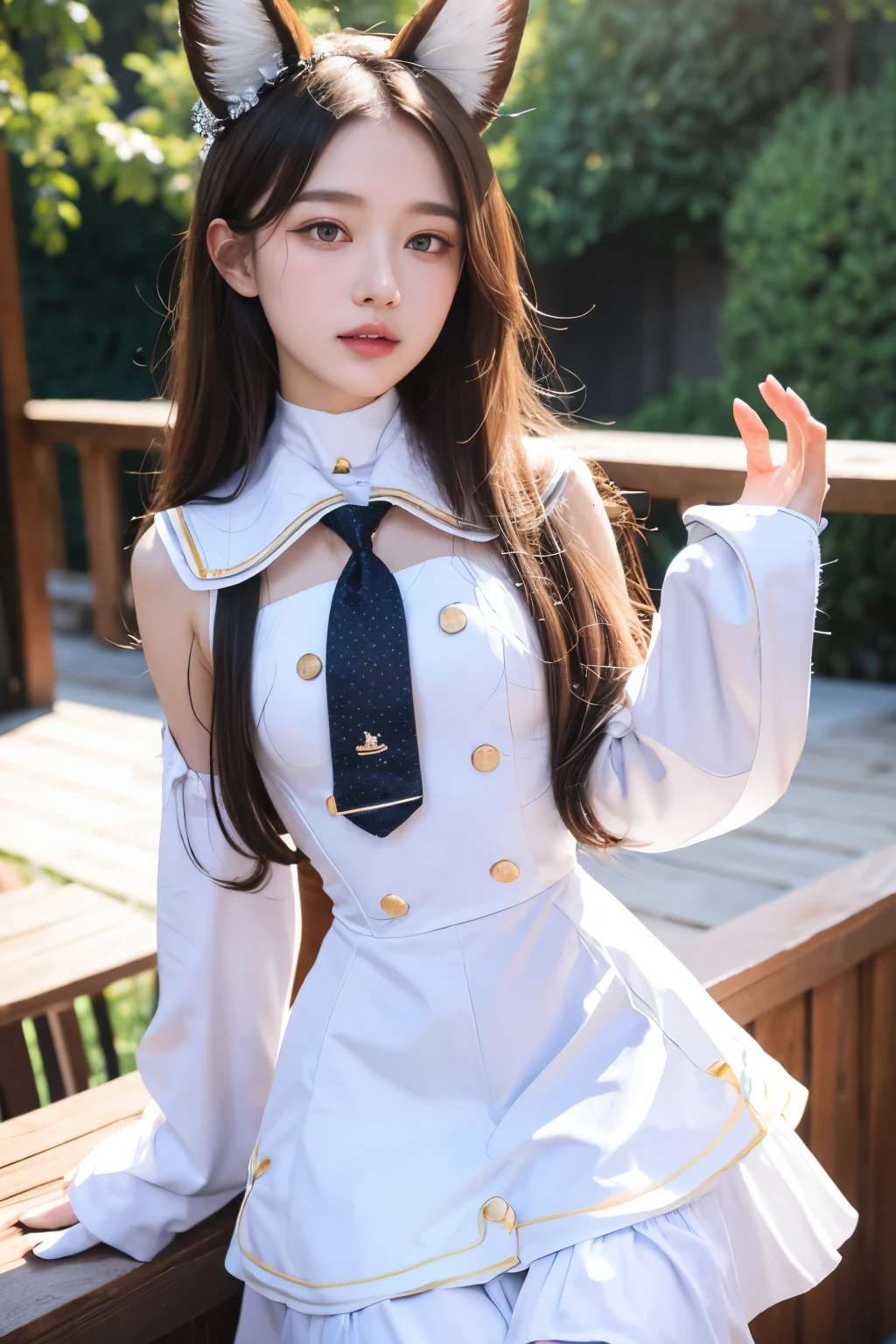 1girl, solo, long hair, breasts, looking at viewer, blush, smile, open mouth, bangs, blonde hair, hair ornament, long sleeves, dress, bow, animal ears, very long hair, yellow eyes, flower, pantyhose, small breasts, frills, detached sleeves, necktie, sky, sleeveless, day, striped, cloud, hair flower, sailor collar, white dress, blue sky, animal ear fluff, sleeves past wrists, parted bangs, sideboob, sleeveless dress, bird, halo, frilled dress, white flower, forehead, sleeves past fingers, white pantyhose, white sailor collar, striped pantyhose, bird on hand, white bird,seiaBA