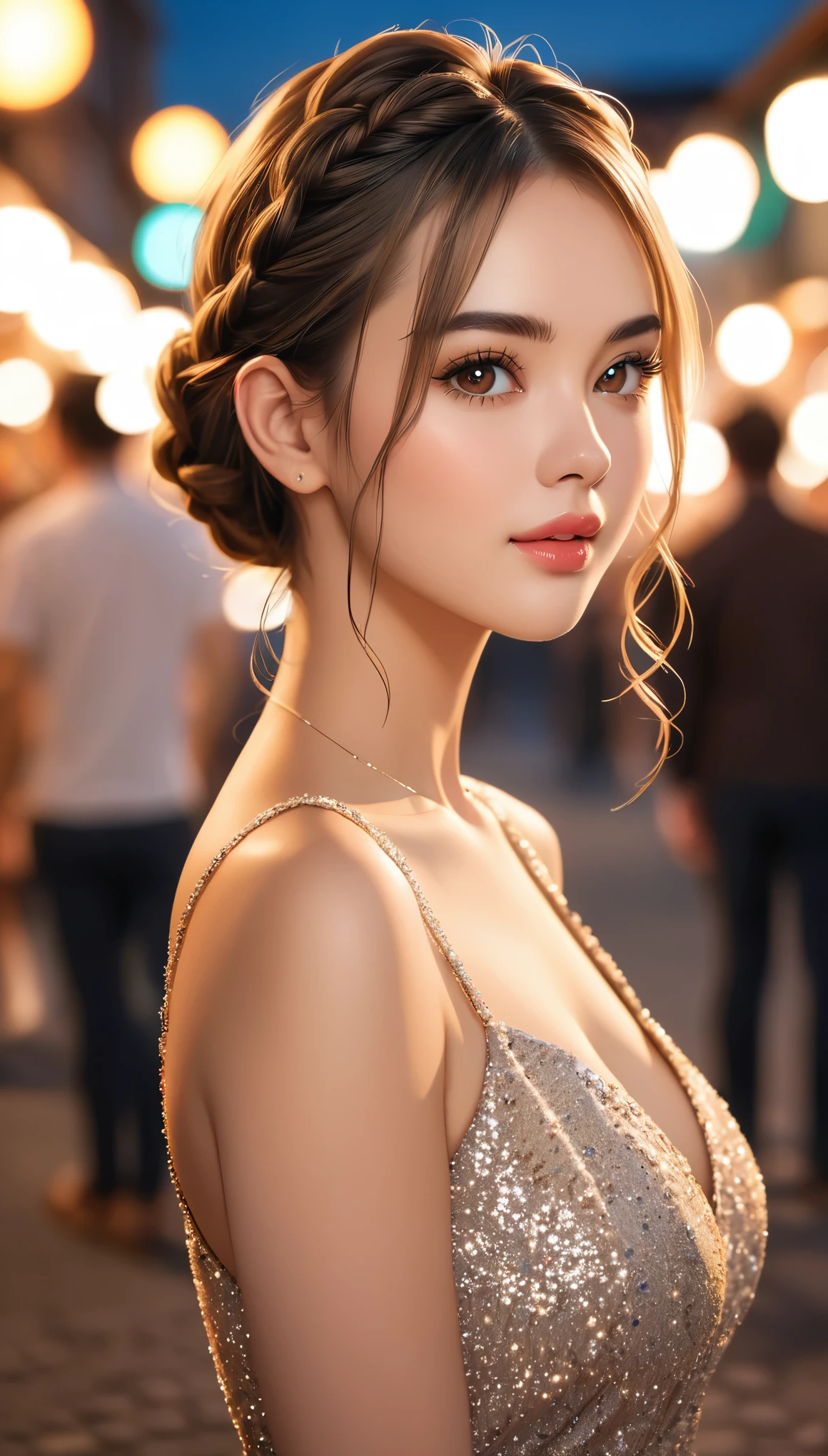 best quality, Reality, 1 Girl, Miss,(Skin dentition), Medium breasts, (bright), (Professional lighting, Bokeh), (street), people, crowd, Braided Bangs, (women's shirts:1.5), (Wear:0.8), Gorgeous, bloom, Flowing hair, (Dynamic poses:0.6) , soft light,